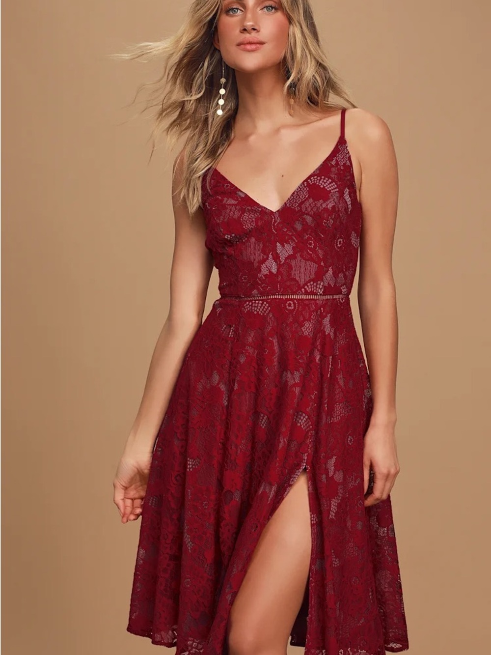Lulu's Wine Red Lace Midi Dress with Side Slit